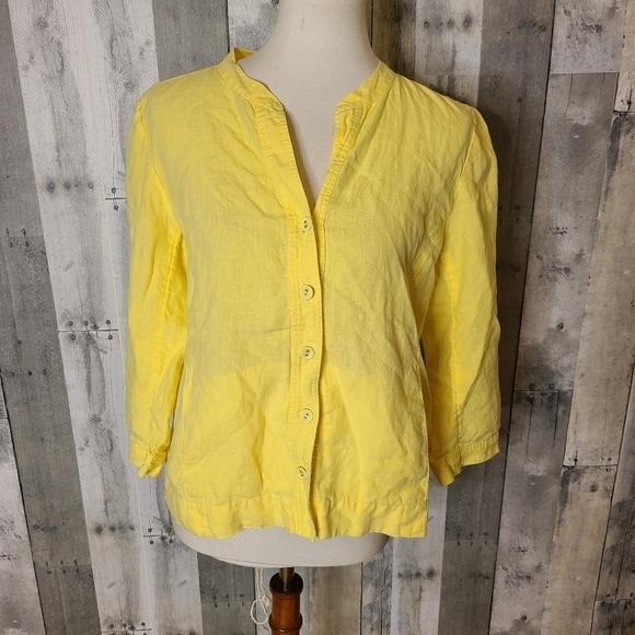 Eileen Fisher Medium Petite Pale Yellow Organic Linen Button Front Blouse - Picture 1 of 8